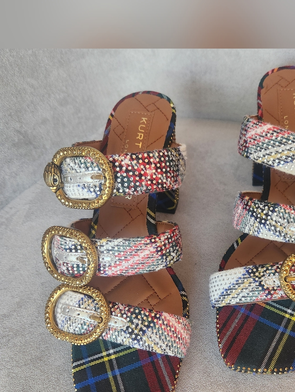 Kurt Geiger Heeled Mules 10 Plaid Mayfair Buckle Chunky Platform Sandal New $245 - Picture 2 of 16